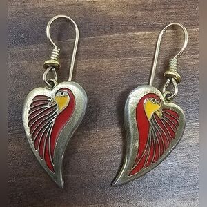Laurel Burch DOVE HEART Bright Red Gold Tone Dangle Earrings